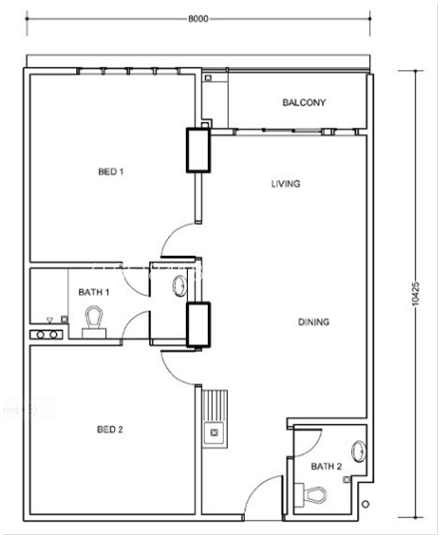 Type B: 2-bedrooms, 895 sqft