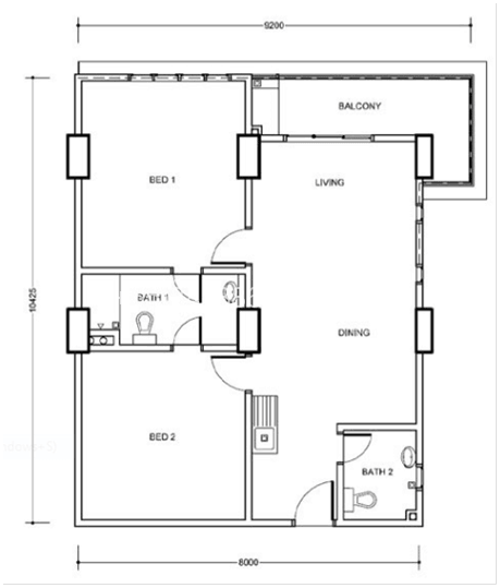 Type B1: 2-bedrooms, 930 sqft