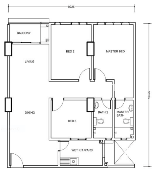 Type C: 3-bedrooms, 987 sqft