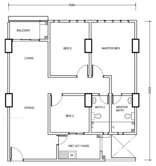 Type C1: 3-bedrooms, 1020 sqft