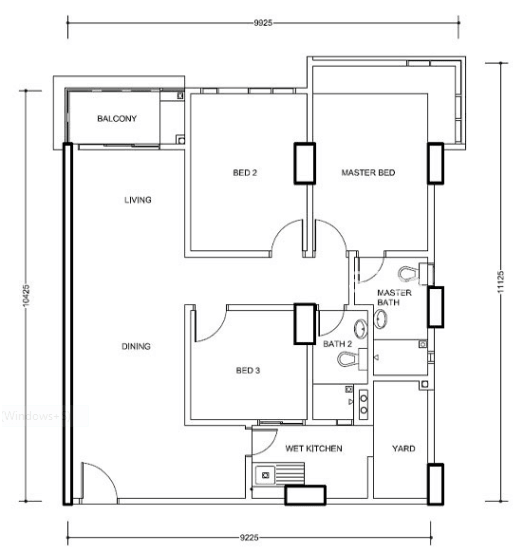 Type C2: 3-bedrooms, 1074 sqft