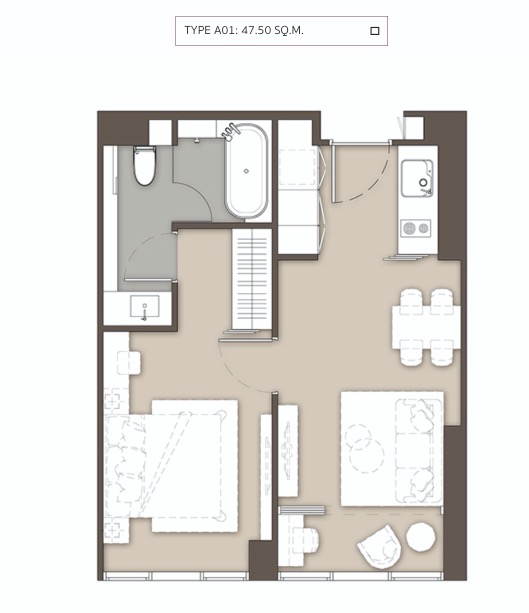 Mulberry Grove Sukhumvit-Ekkamai-floor plan type A1 47.5sqm