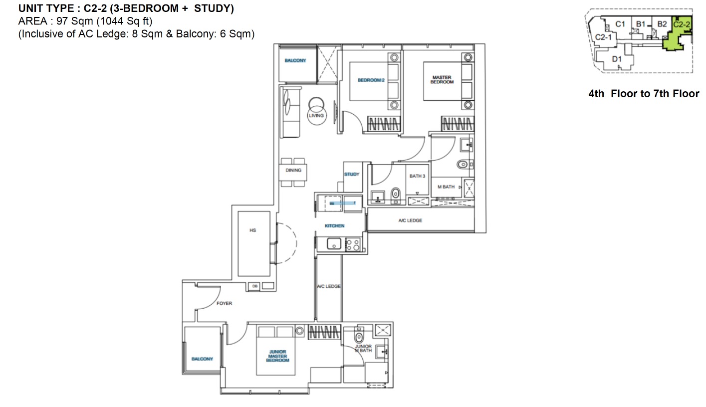 Zyanya Geylang floor plan 3BR Type C2-2