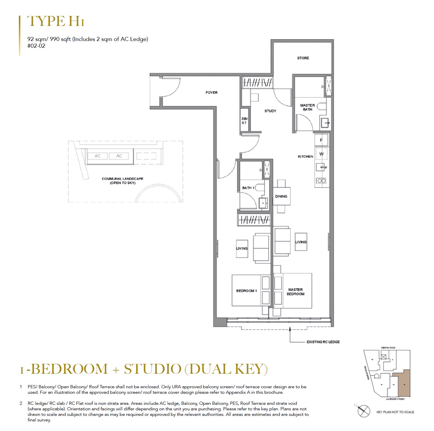 1BR+Studio Type H1 990sf