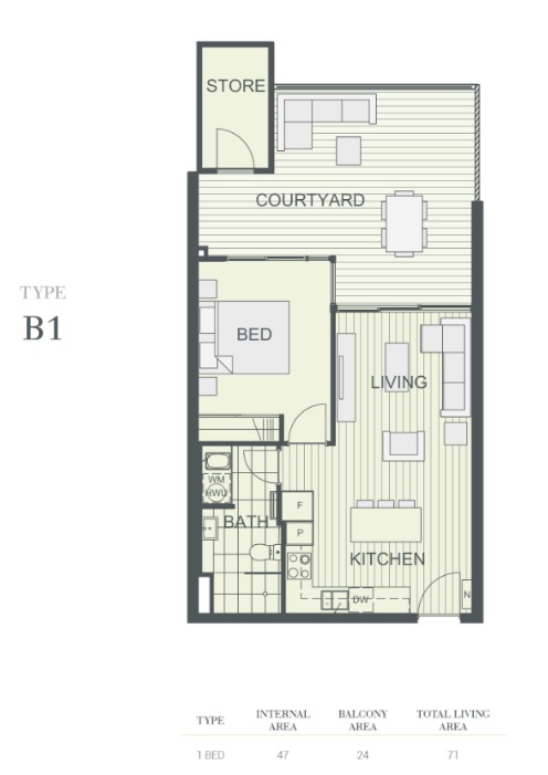 NV Apartments Perth - floor plan 1BR B1