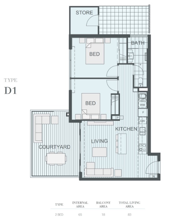 NV Apartments Perth - floor plan 2BR D1