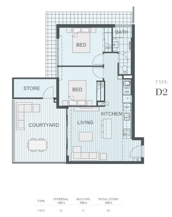 NV Apartments Perth - floor plan 2BR D2