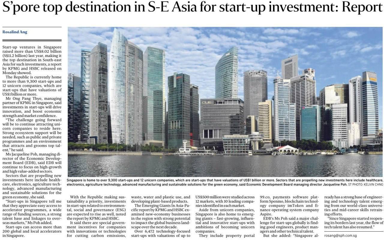 Singapore top destination for startup company