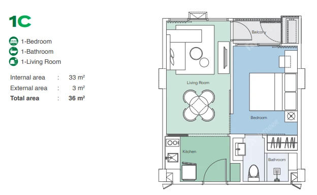 Skypark Aurora FloorPlan 36sqm 1BR1Bath