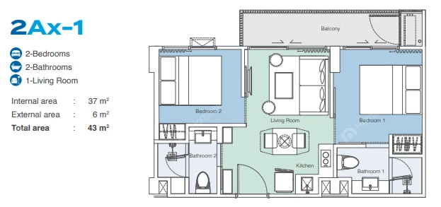 Skypark Aurora FloorPlan 43sqm 2BR2Bath