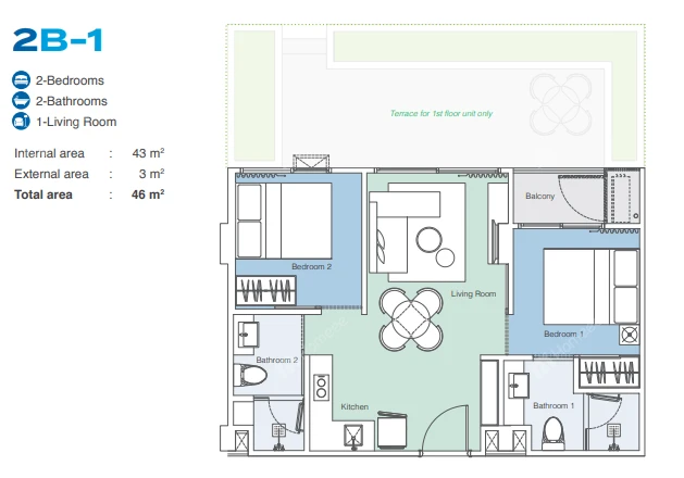 Skypark Aurora FloorPlan 46sqm 2BR2Bath