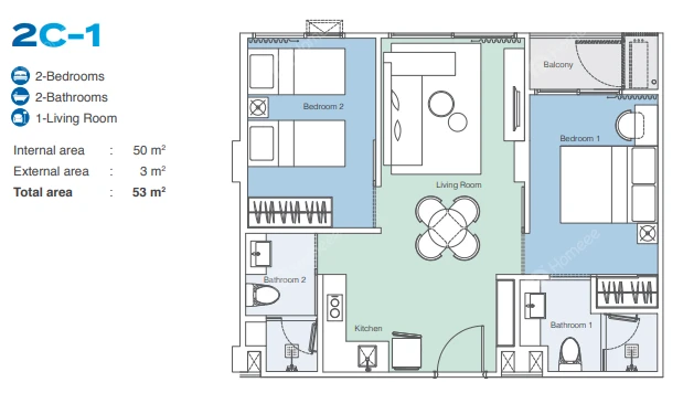 Skypark Aurora FloorPlan 53sqm 2BR2Bath