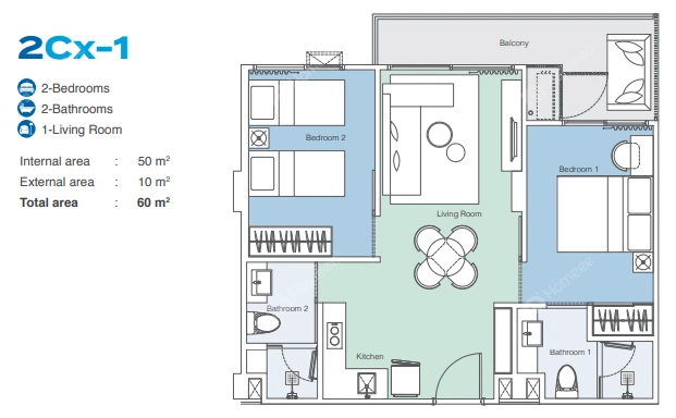 Skypark Aurora FloorPlan 60sqm 2BR2Bath