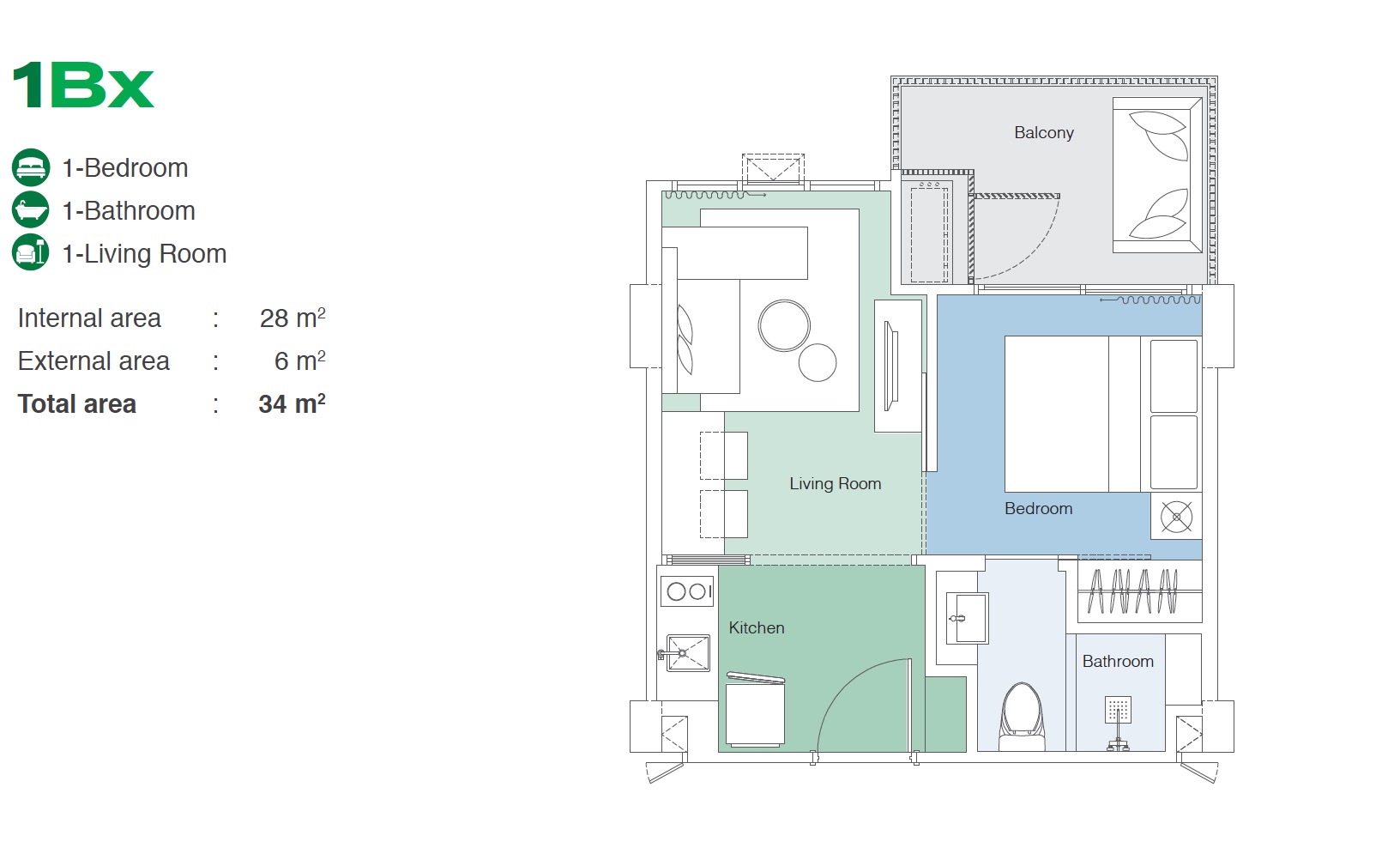 Skypark Celeste 1BR Type 1BX 34sqm Floor Plan