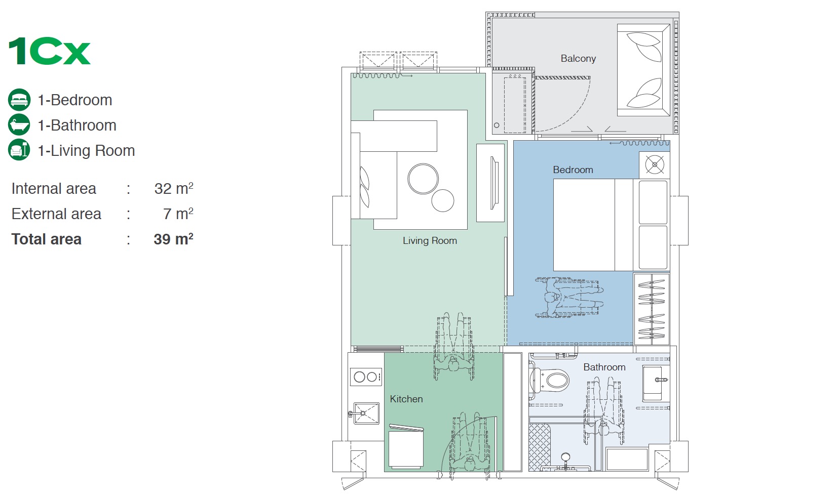 Skypark Celeste 1BR Type 1CX 39sqm Floor Plan (Handicap)