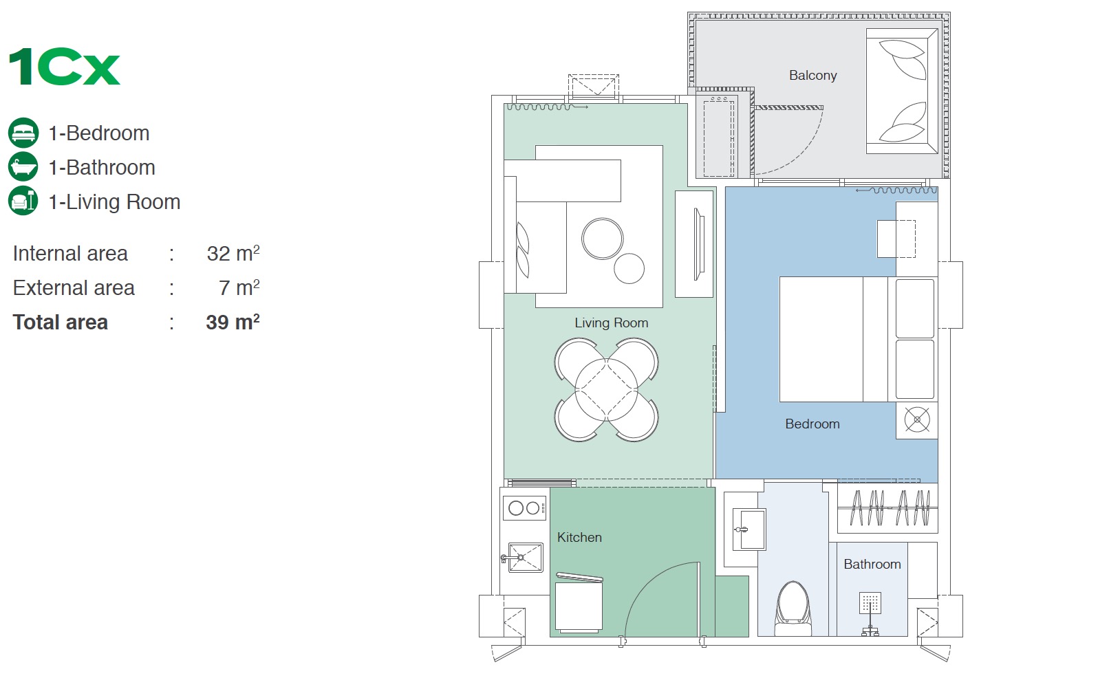 Skypark Celeste 1BR Type 1CX 39sqm Floor Plan