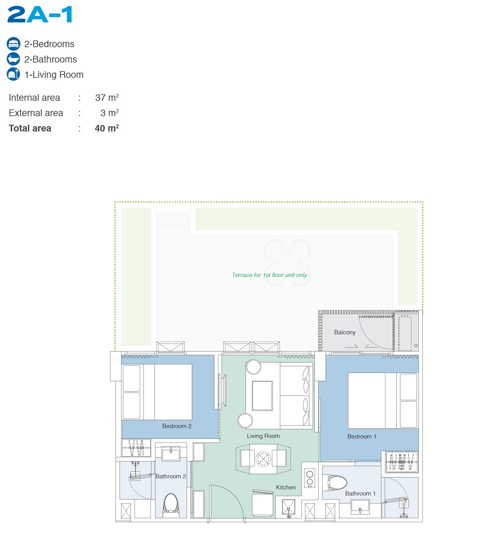 Skypark Celeste 2BR Type 2A-1 40sqm Floor Plan