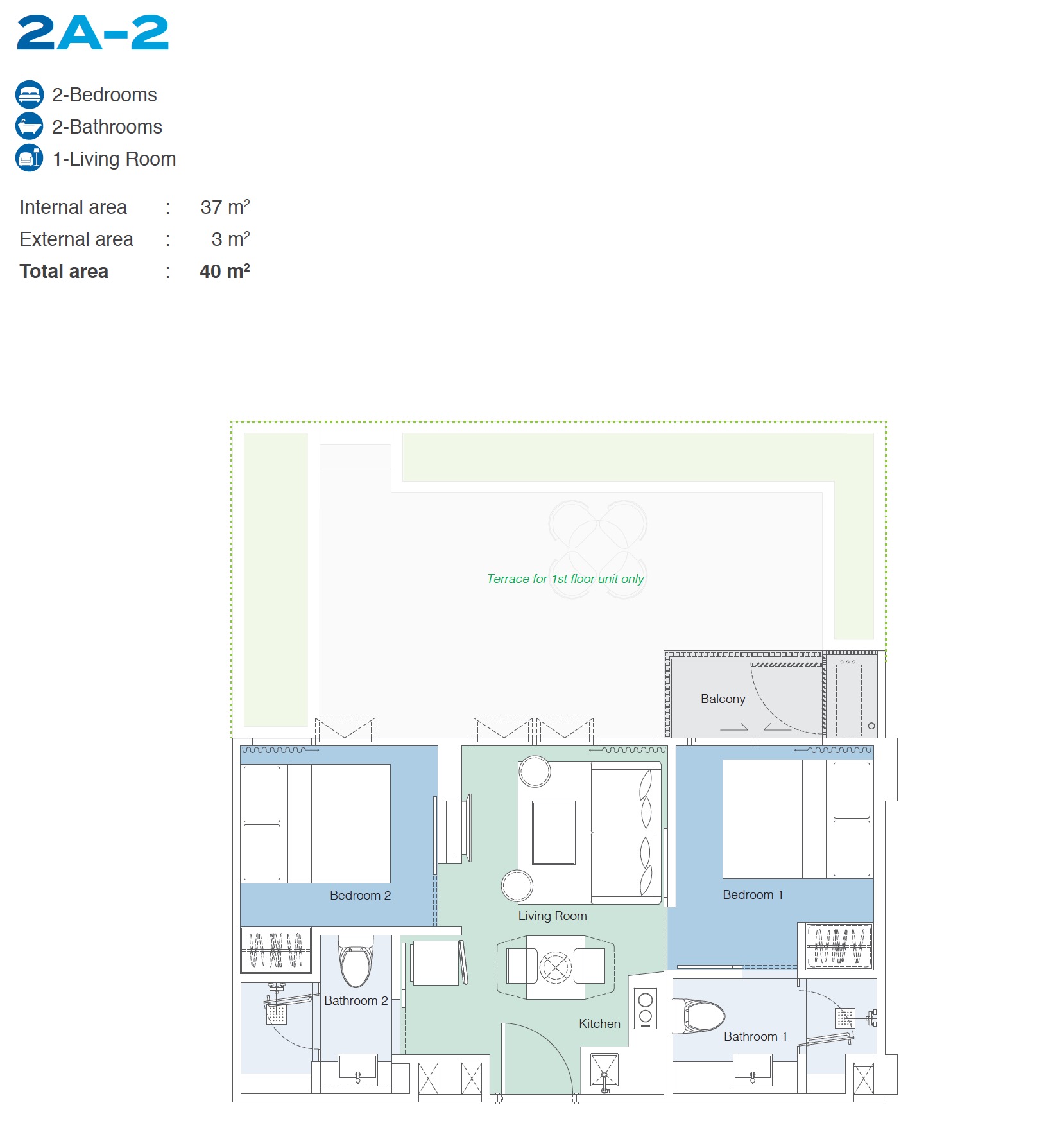 Skypark Celeste 2BR Type 2A-2 40sqm Floor Plan