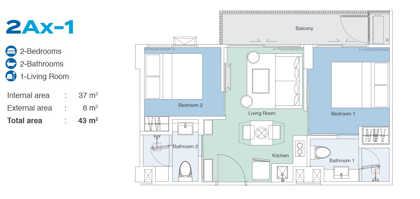 Skypark Celeste 2BR Type 2Ax-1 43sqm Floor Plan