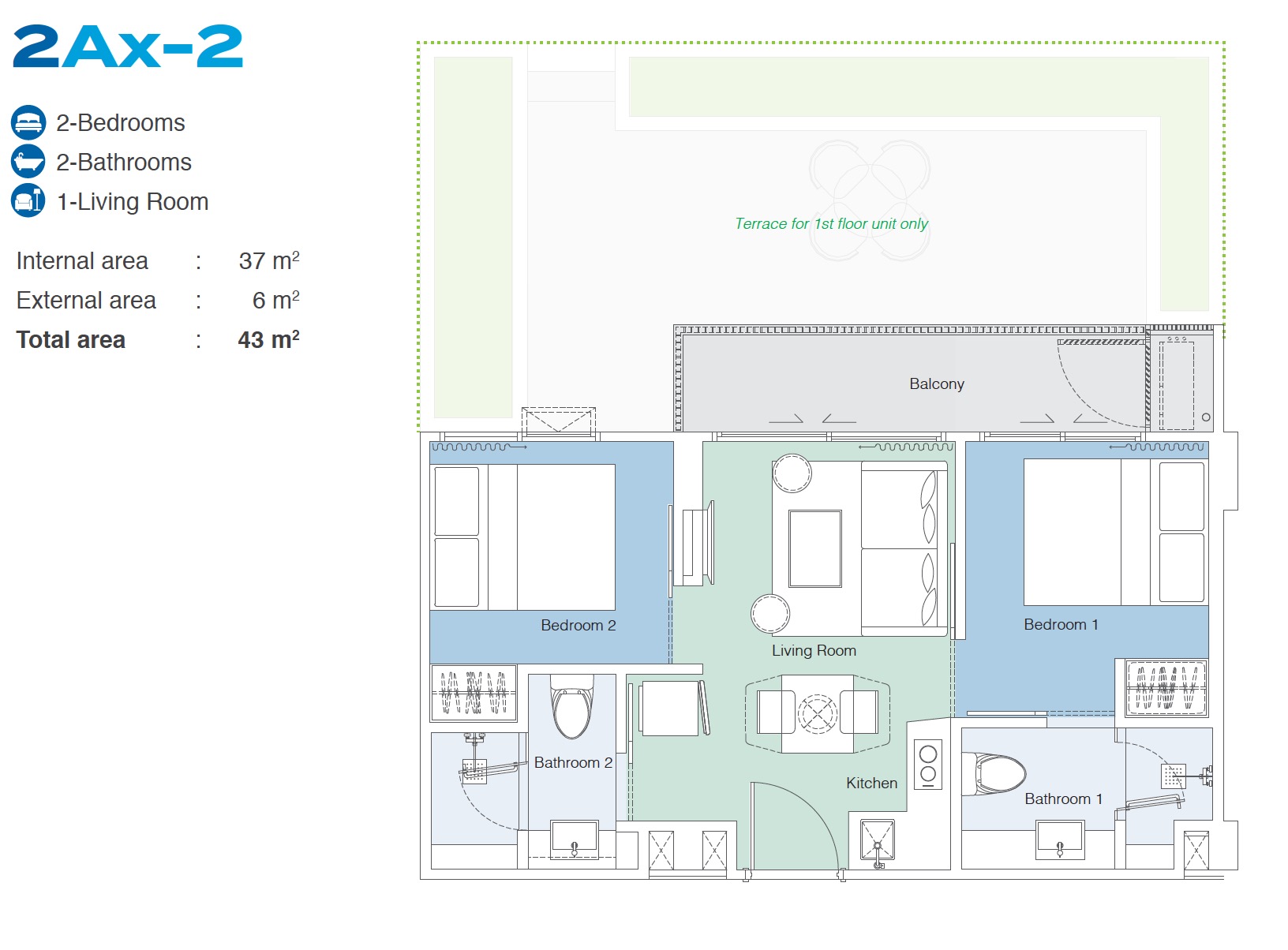 Skypark Celeste 2BR Type 2Ax-2 43sqm Floor Plan