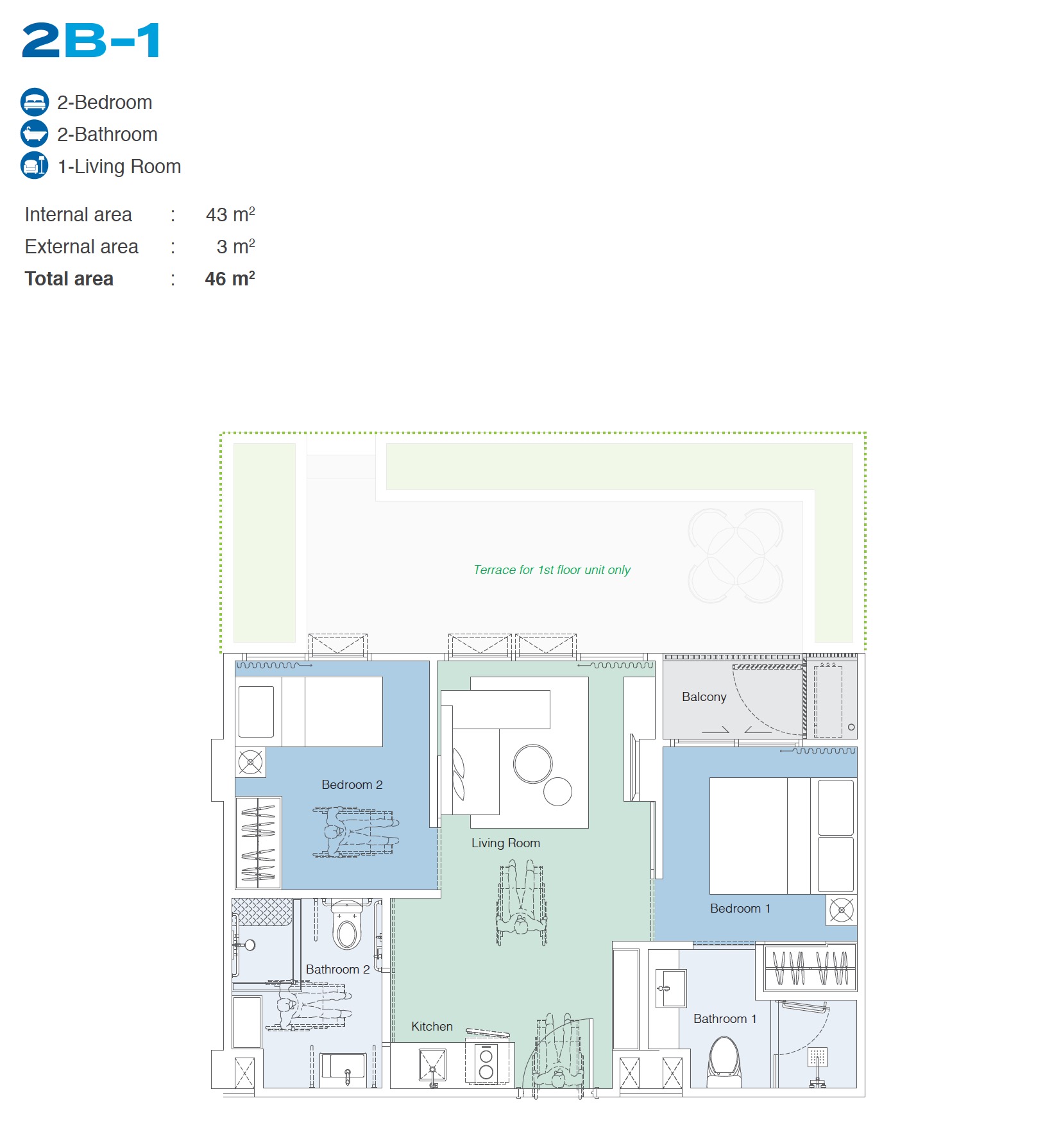 Skypark Celeste 2BR Type 2B-1 46sqm Floor Plan (Handicap)