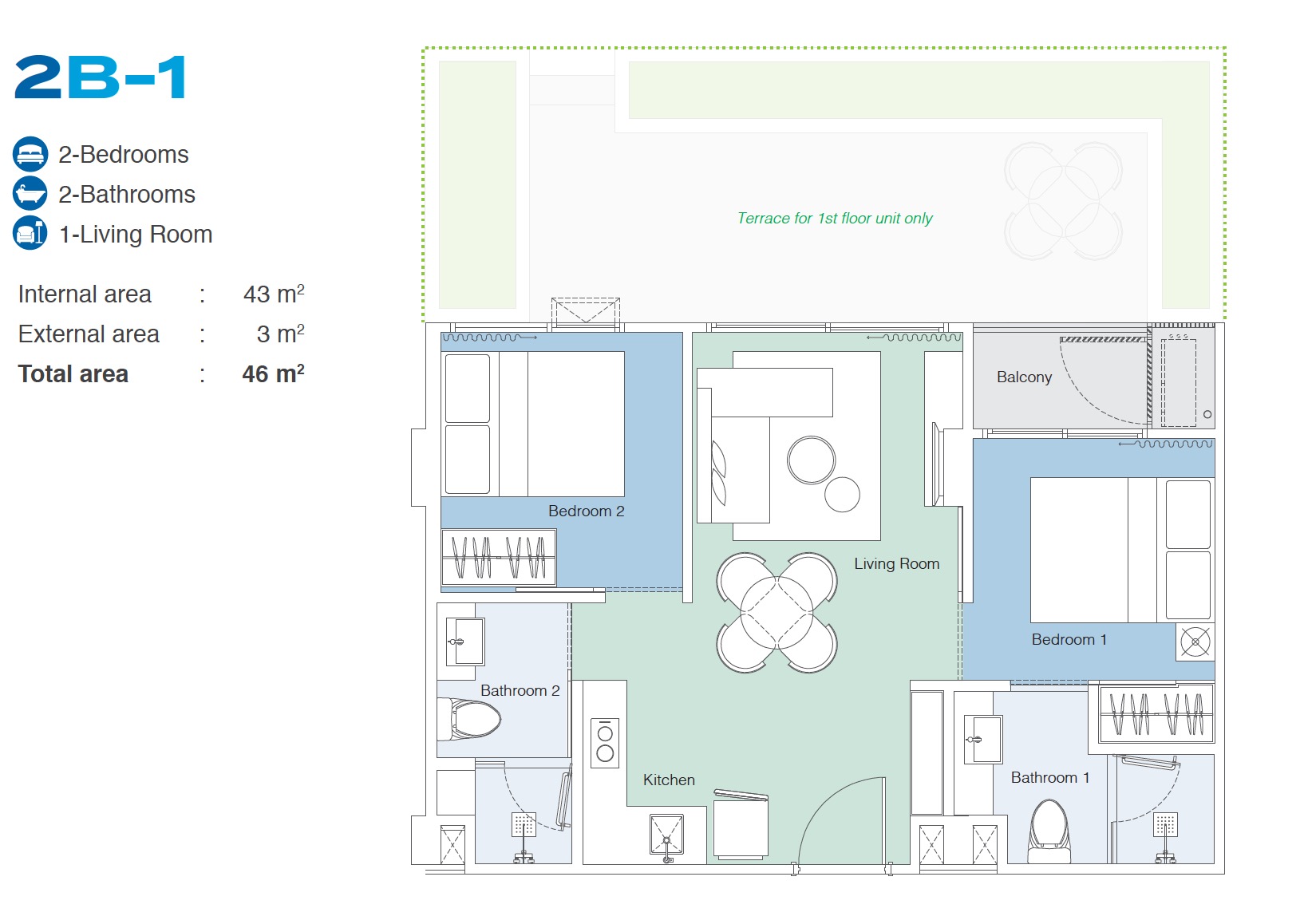 Skypark Celeste 2BR Type 2B-1 46sqm Floor Plan