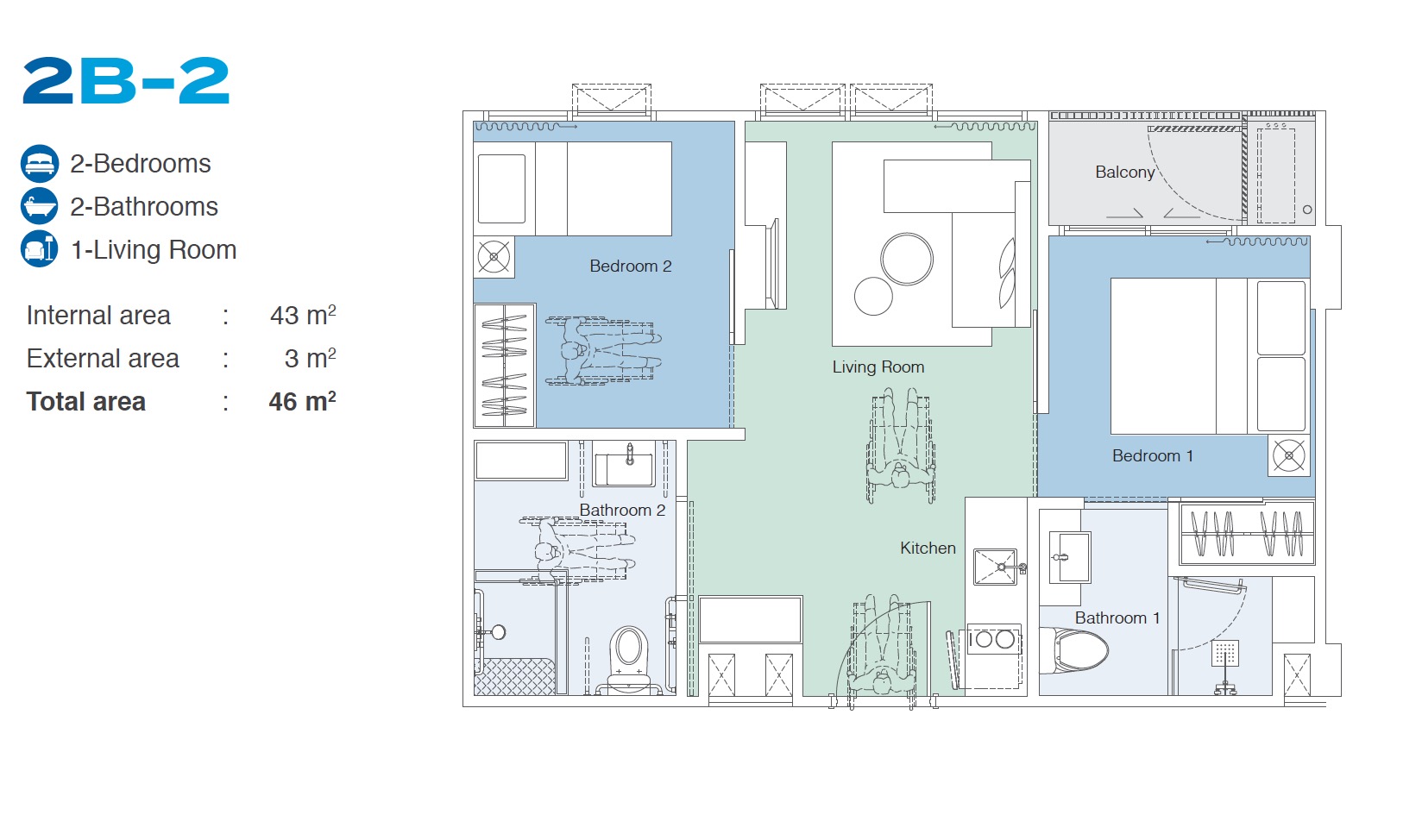 Skypark Celeste 2BR Type 2B-2 46sqm Floor Plan (Handicap)