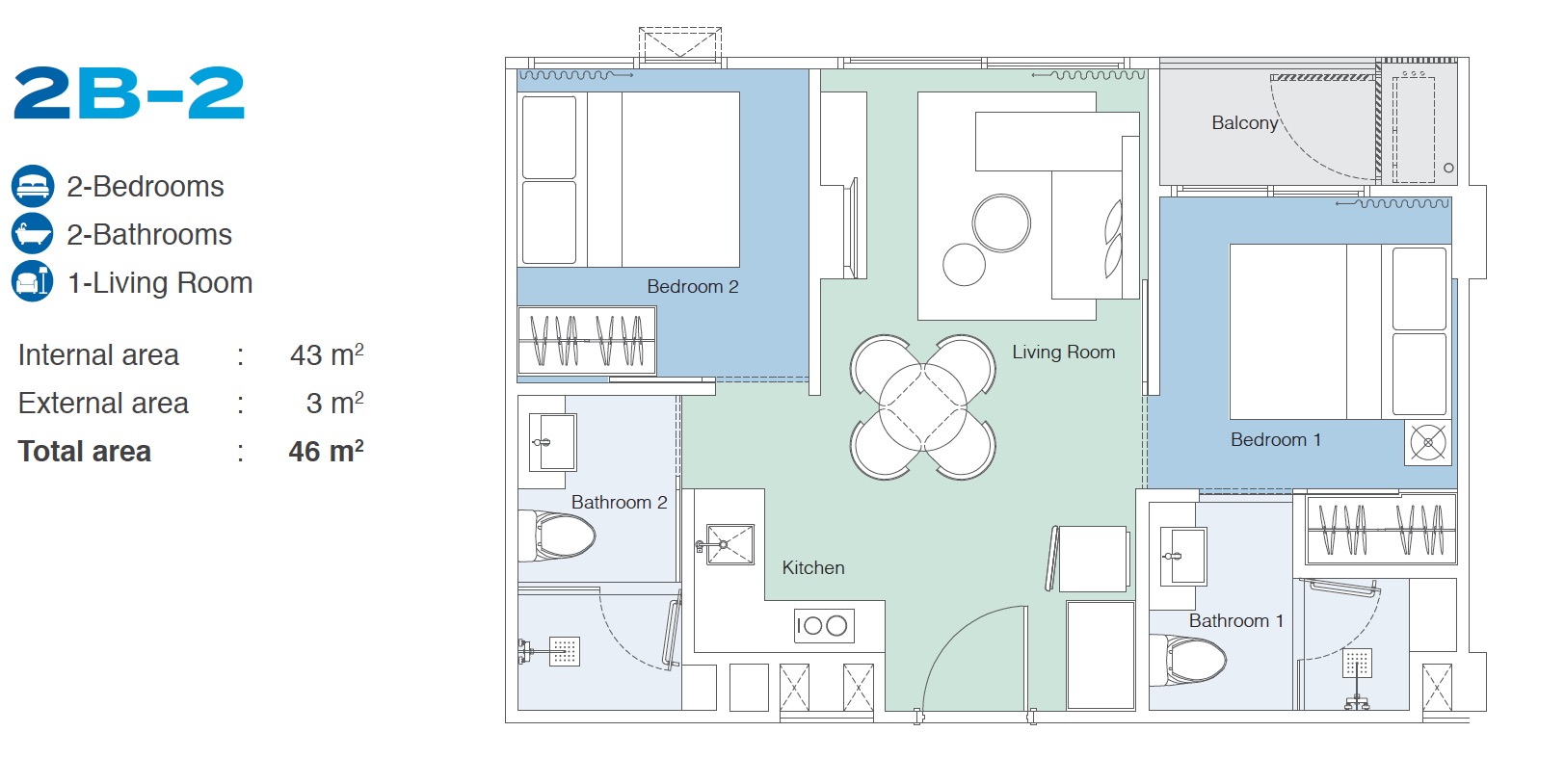 Skypark Celeste 2BR Type 2B-2 46sqm Floor Plan