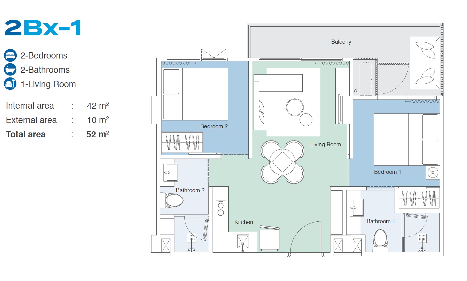 Skypark Celeste 2BR Type 2Bx-1 52sqm Floor Plan