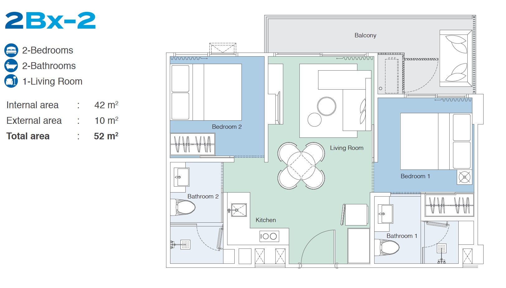 Skypark Celeste 2BR Type 2Bx-2 52sqm Floor Plan