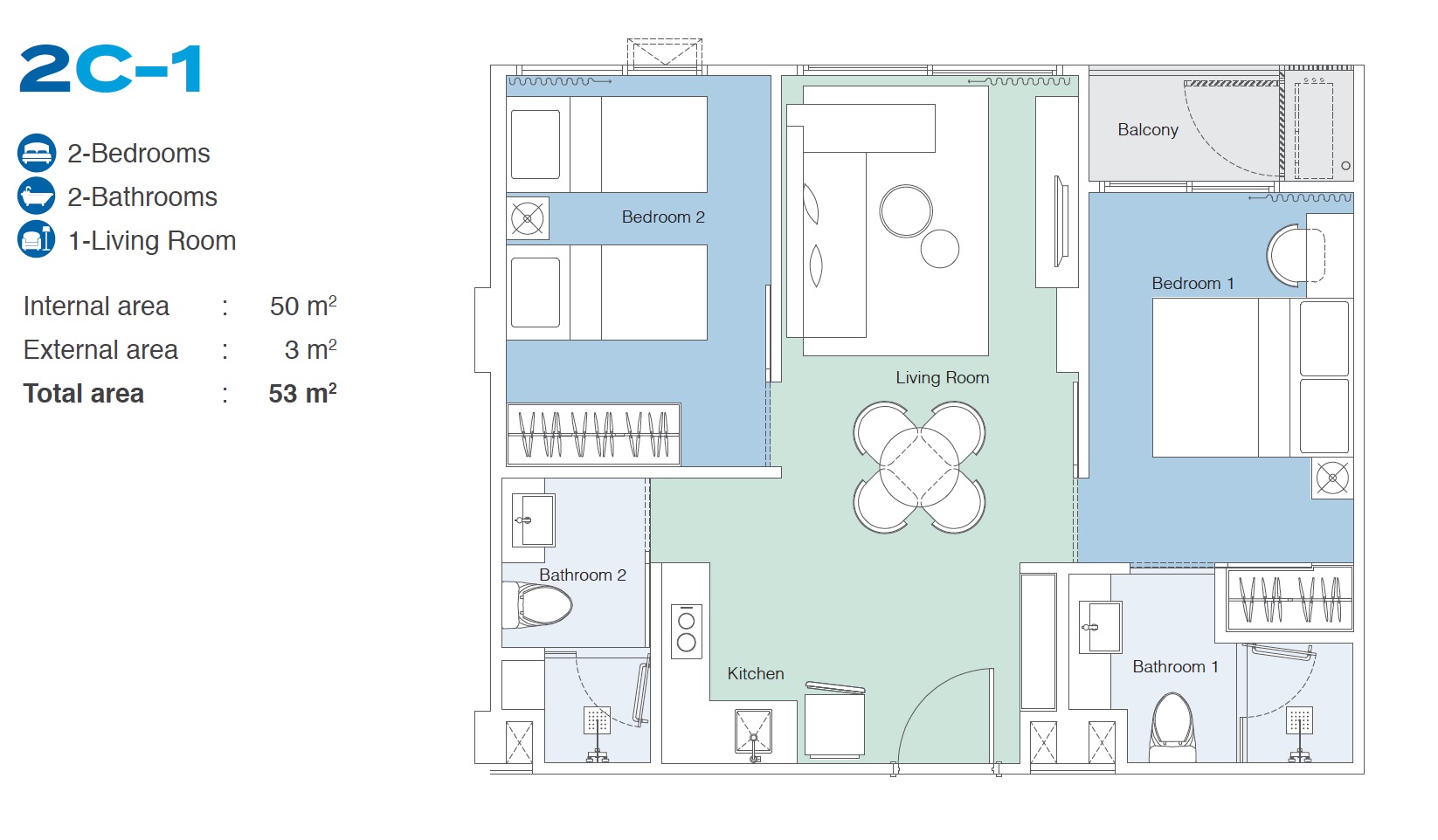 Skypark Celeste 2BR Type 2C-1 53sqm Floor Plan