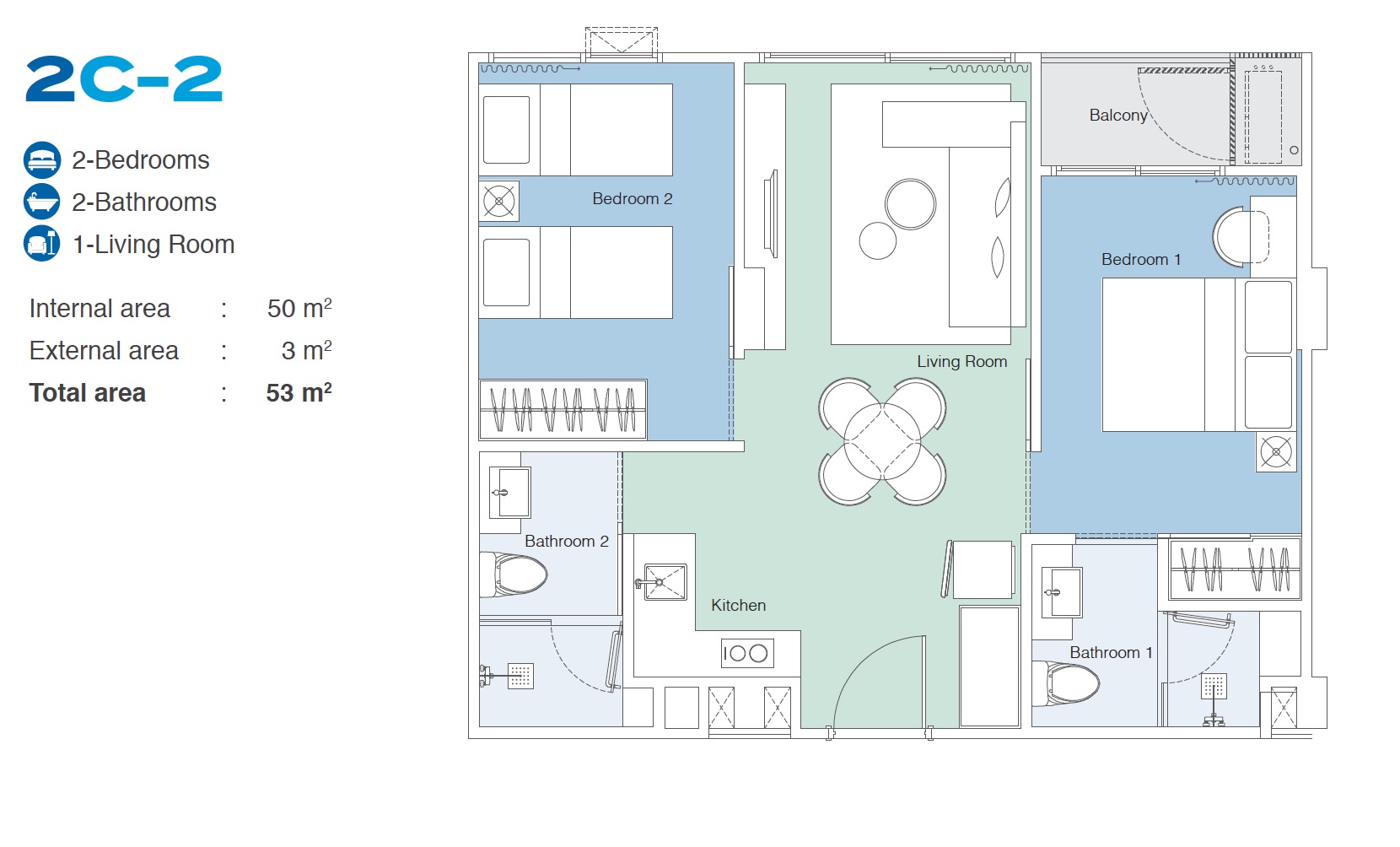 Skypark Celeste 2BR Type 2C-2 53sqm Floor Plan