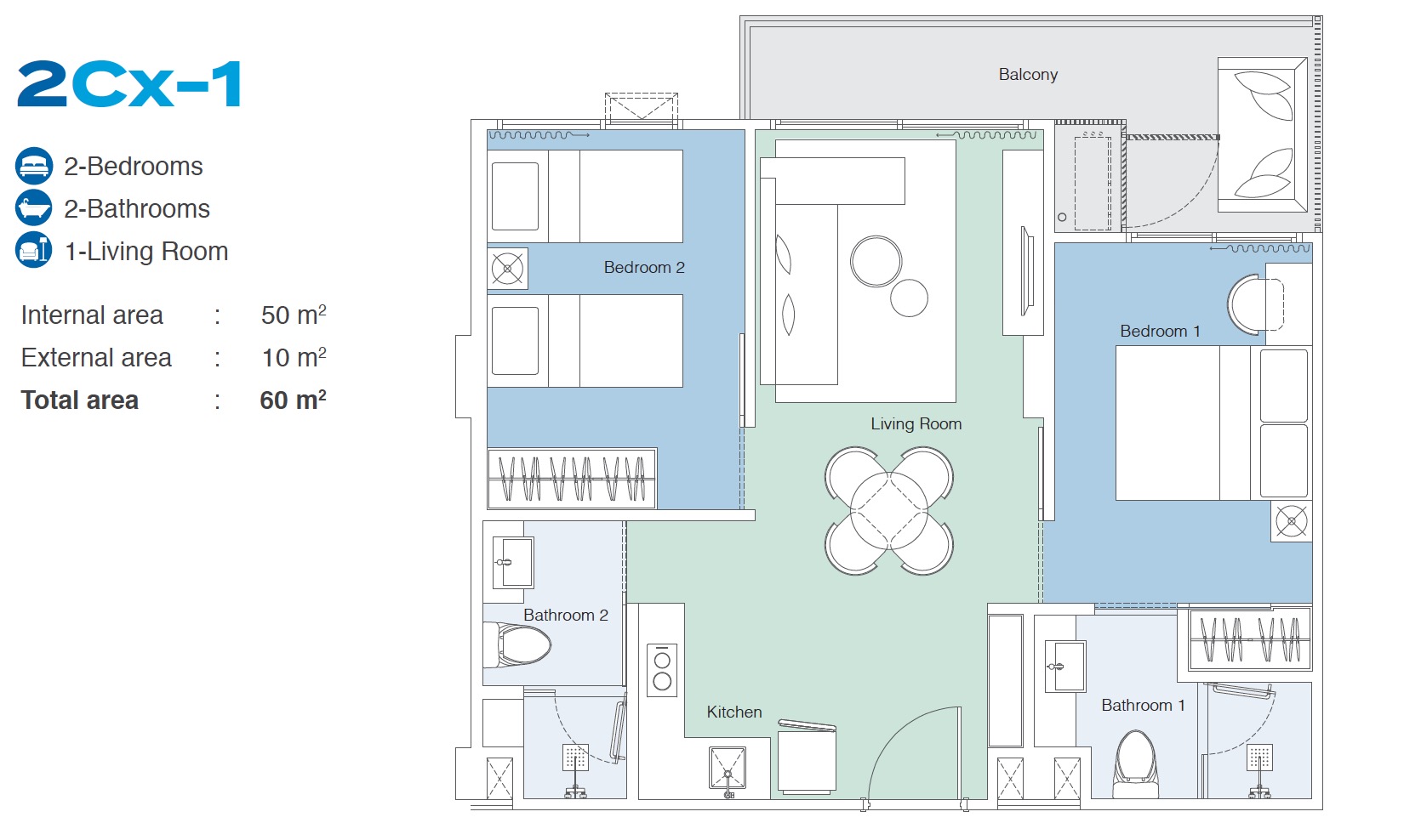 Skypark Celeste 2BR Type 2Cx-1 60sqm Floor Plan