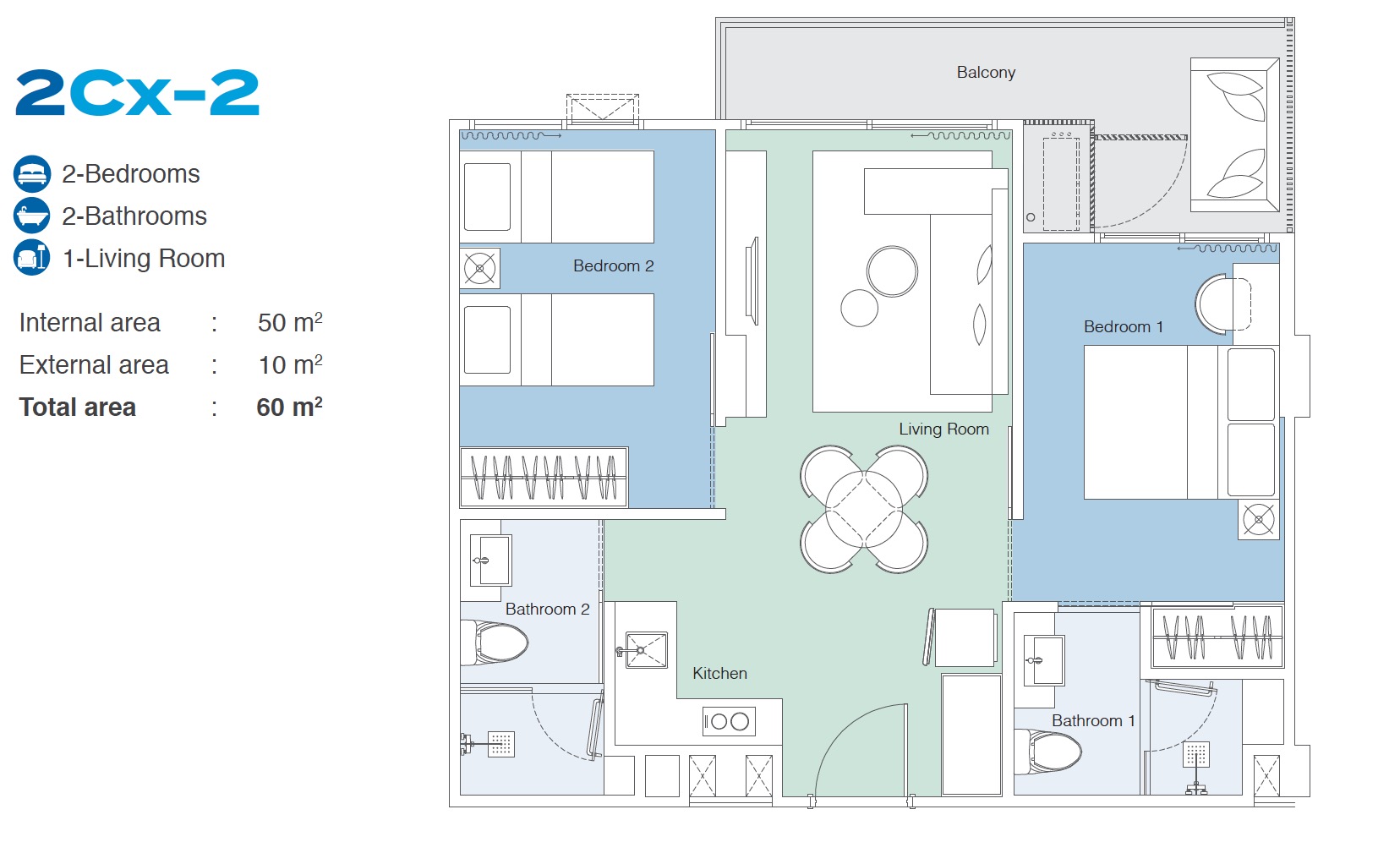 Skypark Celeste 2BR Type 2Cx-2 60sqm Floor Plan