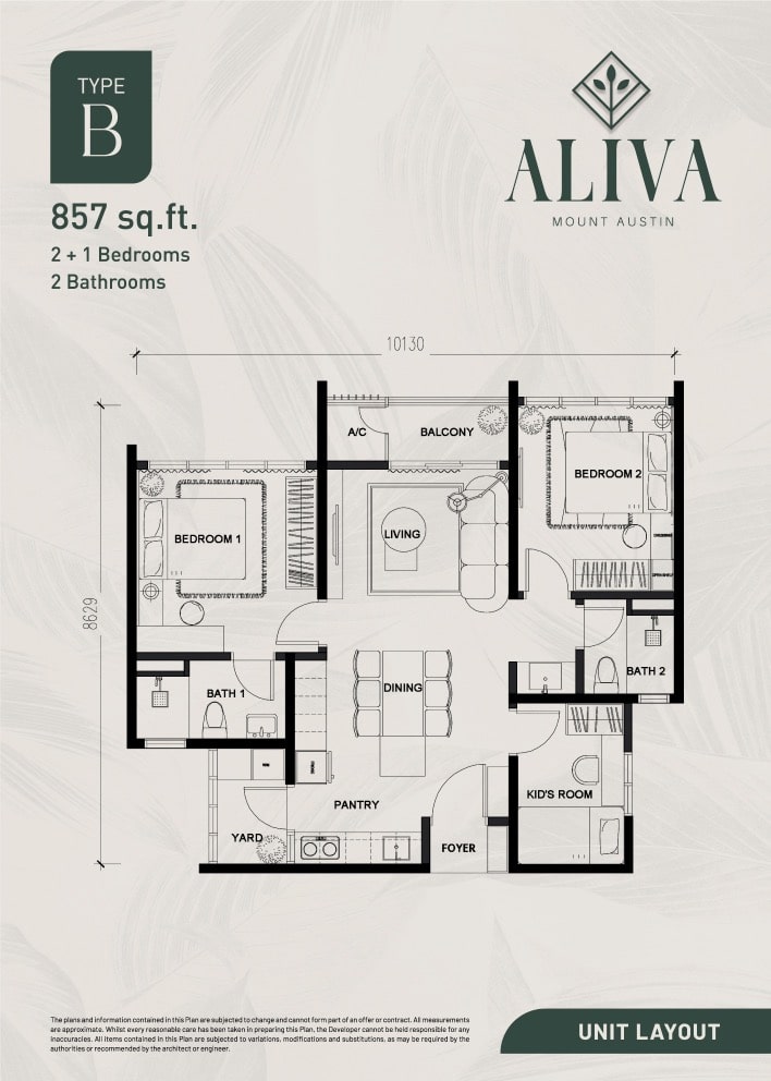 Aliva Mount Austin- Type B 857sf 2+1 Bedroom