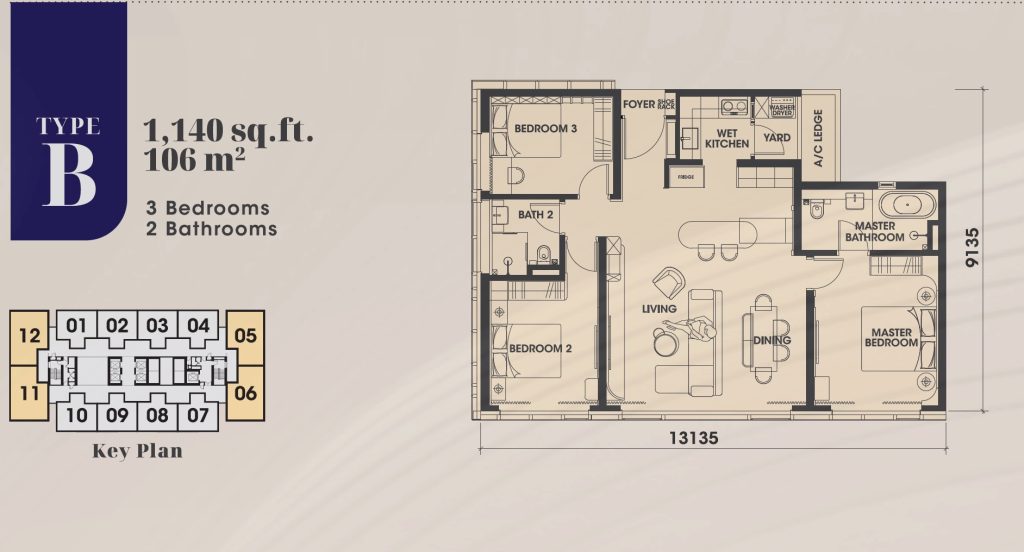 Arden OBS Johor Floor Plan 3BR B 1140sf